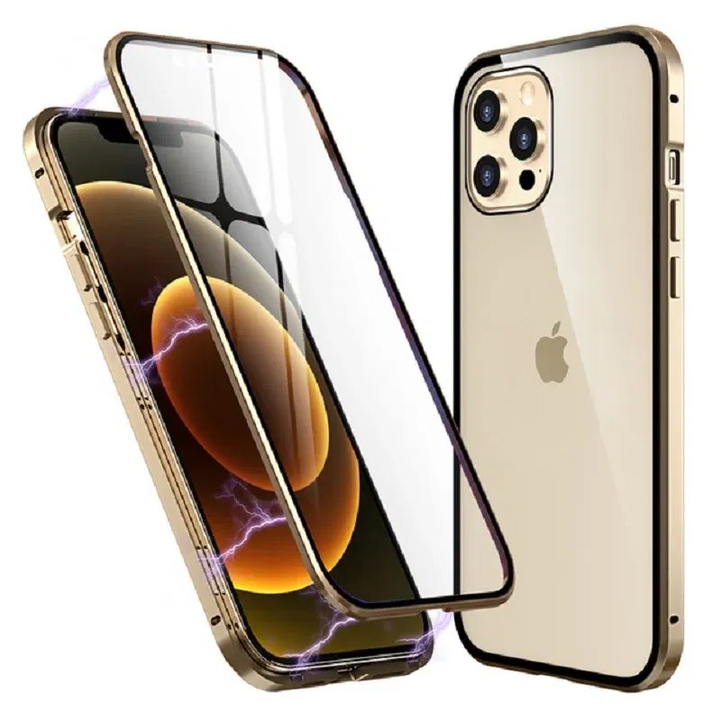 Color: Gold, Material: Carbon Fiber - Magnetic Metal Case For iPhone 15 14 13 12 11 Pro 14Pro Max XS X XR 7 8 14Plus 12 Mini SE 2020 Double Sided Tempered Glass Cover